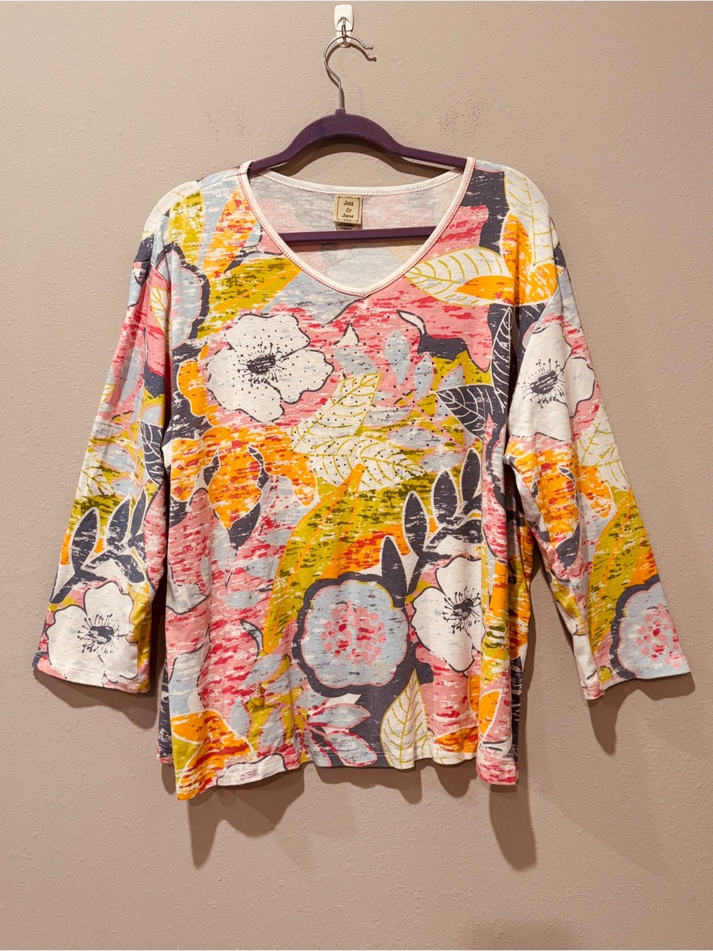 Jess & Jane Pinkberry Floral 3/4 Sleeve Burnout Top 2X Colorful Cotton USA Chic